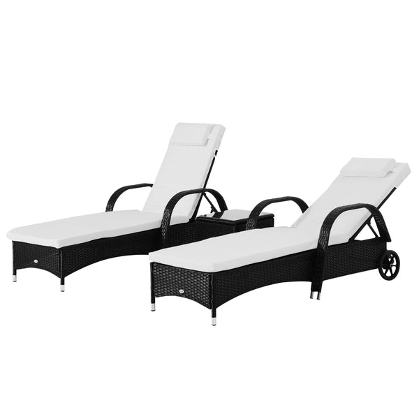 3 Pieces Wicker Patio Lounger Set with Table, PE Rattan Outdoor Lounge Chair Set with Cushions, Wheels, 5-Level Reclining Backrest, Headrest, Black/Cream