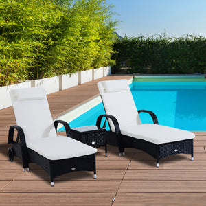 3 Pieces Wicker Patio Lounger Set with Table, PE Rattan Outdoor Lounge Chair Set with Cushions, Wheels, 5-Level Reclining Backrest, Headrest, Black/Cream