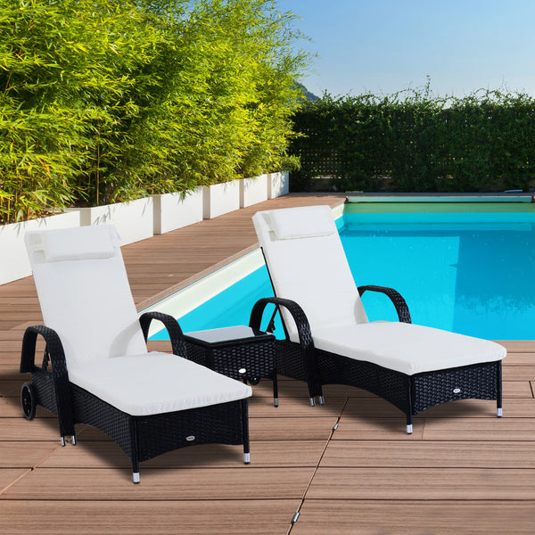 3 Pieces Wicker Patio Lounger Set with Table, PE Rattan Outdoor Lounge Chair Set with Cushions, Wheels, 5-Level Reclining Backrest, Headrest, Black/Cream