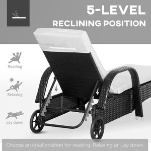 3 Pieces Wicker Patio Lounger Set with Table, PE Rattan Outdoor Lounge Chair Set with Cushions, Wheels, 5-Level Reclining Backrest, Headrest, Black/Cream