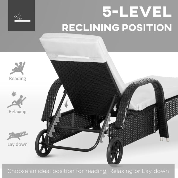 3 Pieces Wicker Patio Lounger Set with Table, PE Rattan Outdoor Lounge Chair Set with Cushions, Wheels, 5-Level Reclining Backrest, Headrest, Black/Cream