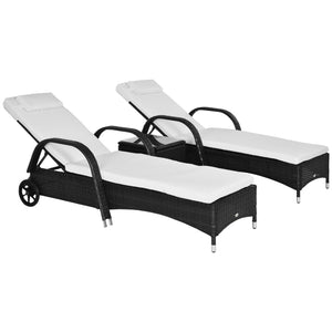 Outsunny Wicker Outdoor Chaise Lounge Set of 2, 5-Level Adjustable Backrest PE Rattan Pool Lounge Chair with Wheels, Cushion & Headrest, Black and Cream White