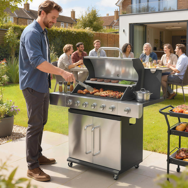 6 Burner Propane Gas Grill with Side Burner, 63,000 BTU Stainless Steel Barbecue Grill with Cast Iron Grates, Wheels, Warming Rack, Side Tables, Cabinet for Outdoor Kitchen, Backyard Barbecue