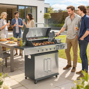 6 Burner Propane Gas Grill with Side Burner, 63,000 BTU Stainless Steel Barbecue Grill with Cast Iron Grates, Wheels, Warming Rack, Side Tables, Cabinet for Outdoor Kitchen, Backyard Barbecue