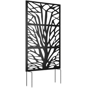 Metal Outdoor Privacy Screen, 72" x 38" Freestanding Outdoor Divider, Wall-Mounted Decorative Panel with Trunk Cut-out Design for Garden Patio Backyard, Black