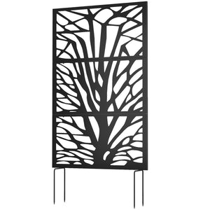 Metal Outdoor Privacy Screen, 72" x 38" Freestanding Outdoor Divider, Wall-Mounted Decorative Panel with Trunk Cut-out Design for Garden Patio Backyard, Black