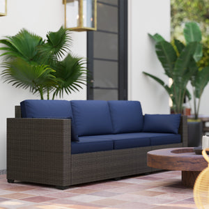 Outsunny Patio Couch PE Wicker Deep Seating Outdoor Sofa with Removable Cushions, 3 Seater Rattan Sofa, Outdoor Furniture for Balcony, Deck, Garden and Poolside, Navy Blue