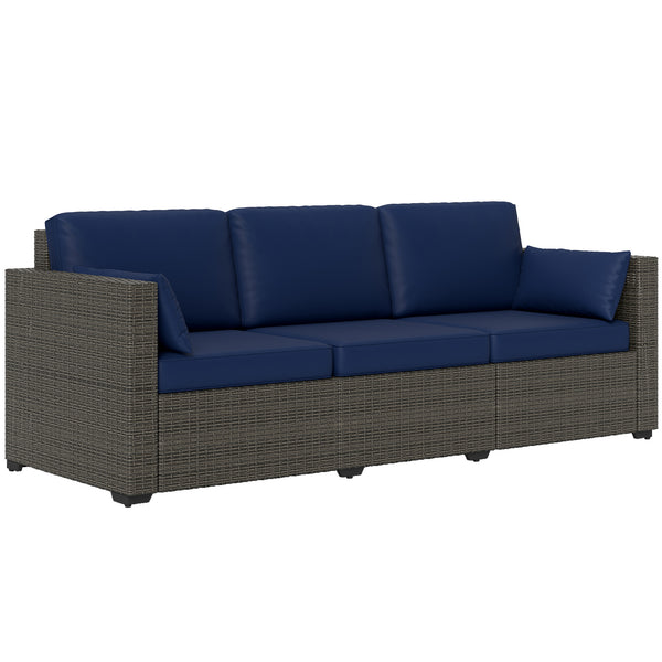 Outsunny Patio Couch PE Wicker Deep Seating Outdoor Sofa with Removable Cushions, 3 Seater Rattan Sofa, Outdoor Furniture for Balcony, Deck, Garden and Poolside, Navy Blue