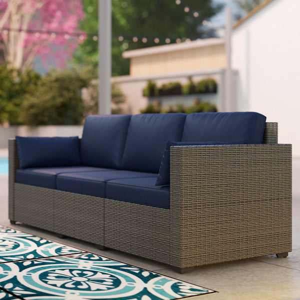 Outsunny Patio Couch PE Wicker Deep Seating Outdoor Sofa with Removable Cushions, 3 Seater Rattan Sofa, Outdoor Furniture for Balcony, Deck, Garden and Poolside, Navy Blue