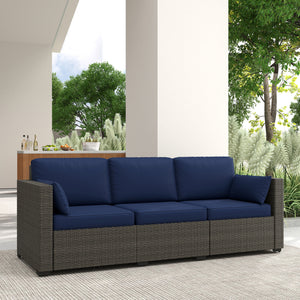 Outsunny Patio Couch PE Wicker Deep Seating Outdoor Sofa with Removable Cushions, 3 Seater Rattan Sofa, Outdoor Furniture for Balcony, Deck, Garden and Poolside, Navy Blue