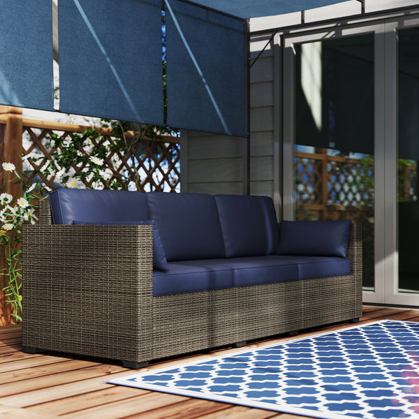 Outsunny Patio Couch PE Wicker Deep Seating Outdoor Sofa with Removable Cushions, 3 Seater Rattan Sofa, Outdoor Furniture for Balcony, Deck, Garden and Poolside, Navy Blue