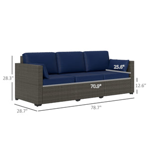 Outsunny Patio Couch PE Wicker Deep Seating Outdoor Sofa with Removable Cushions, 3 Seater Rattan Sofa, Outdoor Furniture for Balcony, Deck, Garden and Poolside, Navy Blue