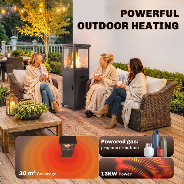 Gas Patio Heater, 13 kW Portable Propane Outdoor Heater with Stepless Heat Control, Piezo Ignition, Tip-over Protection, 4 Wheels, Lava Rocks, Black