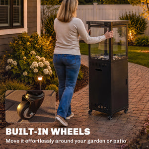 Gas Patio Heater, 13 kW Portable Propane Outdoor Heater with Stepless Heat Control, Piezo Ignition, Tip-over Protection, 4 Wheels, Lava Rocks, Black
