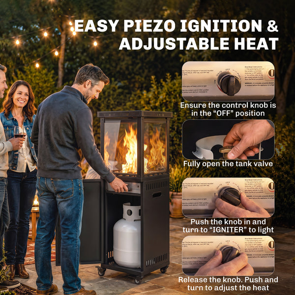 Gas Patio Heater, 13 kW Portable Propane Outdoor Heater with Stepless Heat Control, Piezo Ignition, Tip-over Protection, 4 Wheels, Lava Rocks, Black