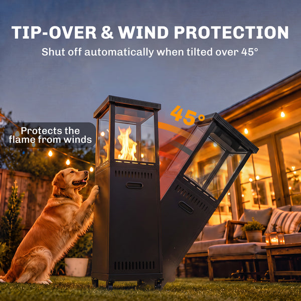 Gas Patio Heater, 13 kW Portable Propane Outdoor Heater with Stepless Heat Control, Piezo Ignition, Tip-over Protection, 4 Wheels, Lava Rocks, Black