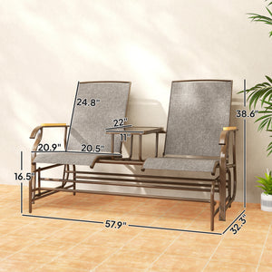 2 Person Outdoor Glider Bench, Patio Swing Glider Chair Loveseat with Breathable Mesh, Table, Steel Frame for Garden, Backyard, Porch, Light Mixed Brown