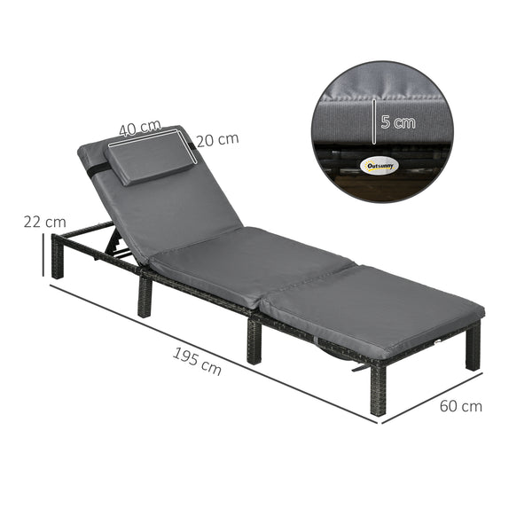 Rattan Sun Lounger Set of 2, 5-Level Adjustable Garden Lounger Recliner with Cushion and Headrest, Outdoor Reclining Sunbed, Steel Frame Garden Chair for Patio, Beach, Terrace, Dark Grey