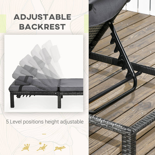 Rattan Sun Lounger Set of 2, 5-Level Adjustable Garden Lounger Recliner with Cushion and Headrest, Outdoor Reclining Sunbed, Steel Frame Garden Chair for Patio, Beach, Terrace, Dark Grey