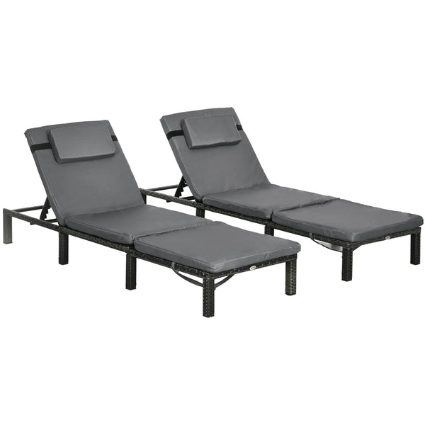 Rattan Sun Lounger Set of 2, 5-Level Adjustable Garden Lounger Recliner with Cushion and Headrest, Outdoor Reclining Sunbed, Steel Frame Garden Chair for Patio, Beach, Terrace, Dark Grey