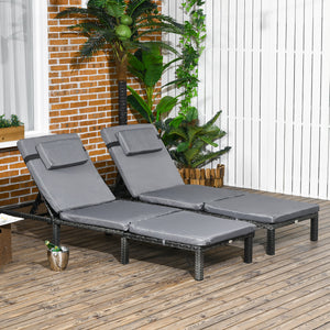 Rattan Sun Lounger Set of 2, 5-Level Adjustable Garden Lounger Recliner with Cushion and Headrest, Outdoor Reclining Sunbed, Steel Frame Garden Chair for Patio, Beach, Terrace, Dark Grey