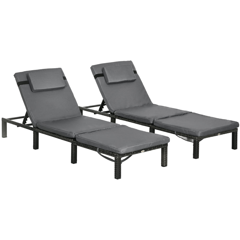 Rattan Sun Lounger Set of 2, 5-Level Adjustable Garden Lounger Recliner with Cushion and Headrest, Outdoor Reclining Sunbed, Steel Frame Garden Chair for Patio, Beach, Terrace, Dark Grey