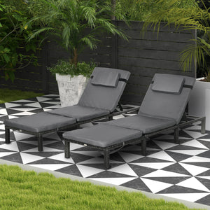 Rattan Sun Lounger Set of 2, 5-Level Adjustable Garden Lounger Recliner with Cushion and Headrest, Outdoor Reclining Sunbed, Steel Frame Garden Chair for Patio, Beach, Terrace, Dark Grey