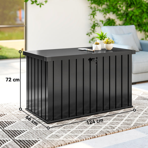400L Garden Storage Box, Waterproof Metal Outdoor Storage Box with Lockable Lid, Storage Container Furniture Terrace Box, 124 x 66 x 72 cm, Black