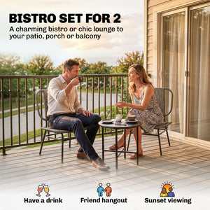 3 Piece Wicker Patio Furniture Set, Outdoor Bistro Set with 2 Armless Chairs, Steel Table, Rattan Outdoor Conversation Furniture for Porch Balcony, Grey