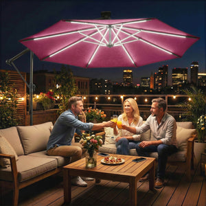 3 m Garden Cantilever Parasol with LED Solar Light, Round Overhanging Umbrella with 6-Position 360° Rotation, Crank Handle, Tilt, Cover, Banana Patio Umbrella for Outdoor Sun Shade, Wine Red