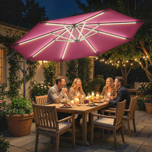 3 m Garden Cantilever Parasol with LED Solar Light, Round Overhanging Umbrella with 6-Position 360° Rotation, Crank Handle, Tilt, Cover, Banana Patio Umbrella for Outdoor Sun Shade, Wine Red