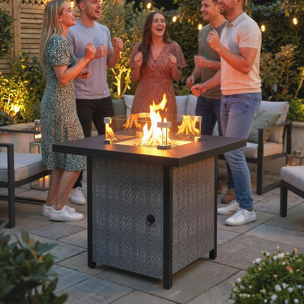 Propane Gas Fire Pit Table for Garden, 11.7 KW Smokeless Firepit Outdoor Heater with Wind Guard, Glass Rocks, Lid, Diamond Pattern Sides, Outdoor Garden Dining Table, 71 x 71 x 63cm, Black