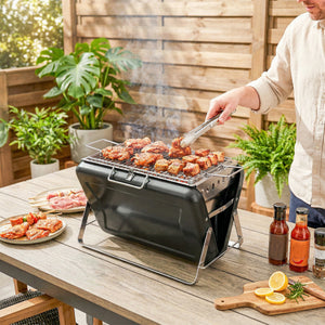 Portable BBQ Grill, Folding Charcoal Barbecue Grill with Handle and Foldable Legs for Camping Garden Outdoor Cooking, Black