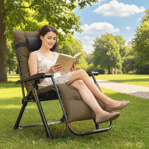 Reclining Zero Gravity Chair with Adjustable Backrest, Folding Garden Sun Lounger, Outdoor Recliner with Removable Cushion and Headrest, Khaki