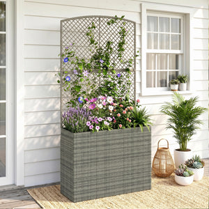 Garden Planter with Trellis, Rattan Raised Beds for Garden with Liner, Freestanding Outdoor Planter Box for Climbing Plants, Herbs, Vegetables, Flowers, 80 x 30 x 163 cm, Dark Grey