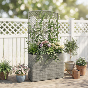 Garden Planter with Trellis, Rattan Raised Beds for Garden with Liner, Freestanding Outdoor Planter Box for Climbing Plants, Herbs, Vegetables, Flowers, 80 x 30 x 163 cm, Dark Grey