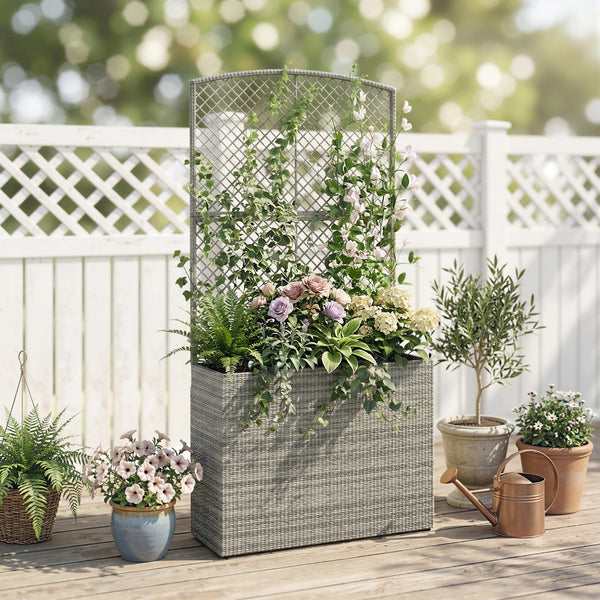 Garden Planter with Trellis, Rattan Raised Beds for Garden with Liner, Freestanding Outdoor Planter Box for Climbing Plants, Herbs, Vegetables, Flowers, 80 x 30 x 163 cm, Dark Grey