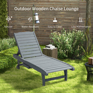Garden Patio Sun Lounger, Outdoor Wooden Sun Bed with Built-In Table, Reclining Backrest and Rolling Wheels for Sunbathing, Grey