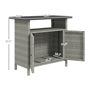 Outsunny Wicker Outdoor Storage Cabinet, Rattan Outdoor Bar Table with Two Doors and Shelf, Outdoor Buffet Cabinet Sideboard with Metal Slatted Countertop for Garden, Patio, Backyard, Gray