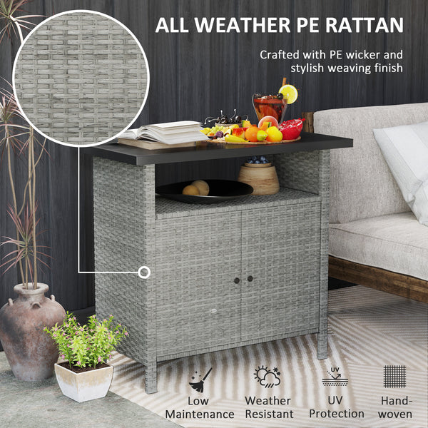 Outsunny Wicker Outdoor Storage Cabinet, Rattan Outdoor Bar Table with Two Doors and Shelf, Outdoor Buffet Cabinet Sideboard with Metal Slatted Countertop for Garden, Patio, Backyard, Gray