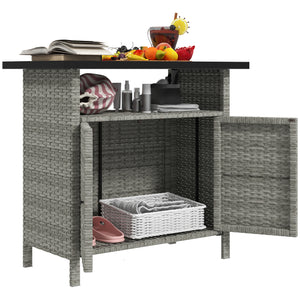 Outsunny Wicker Outdoor Storage Cabinet, Rattan Outdoor Bar Table with Two Doors and Shelf, Outdoor Buffet Cabinet Sideboard with Metal Slatted Countertop for Garden, Patio, Backyard, Gray