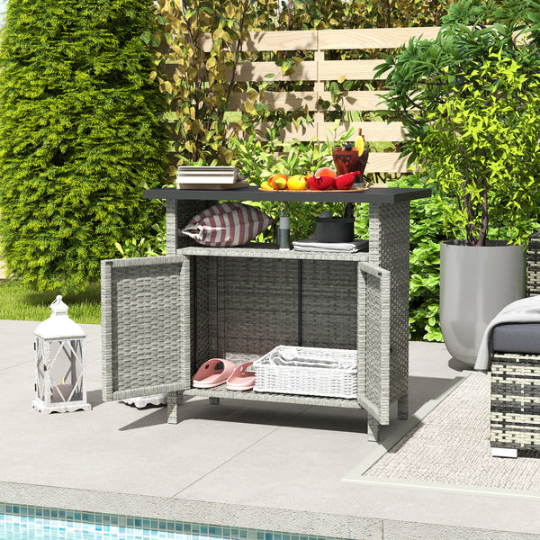 Outsunny Wicker Outdoor Storage Cabinet, Rattan Outdoor Bar Table with Two Doors and Shelf, Outdoor Buffet Cabinet Sideboard with Metal Slatted Countertop for Garden, Patio, Backyard, Gray