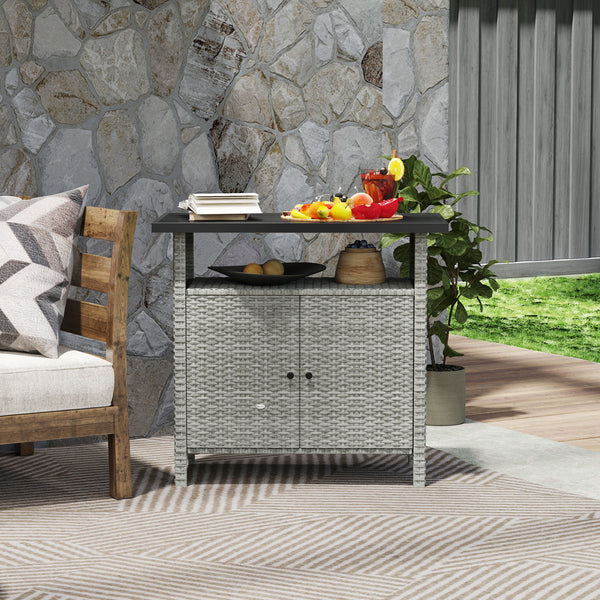 Outsunny Wicker Outdoor Storage Cabinet, Rattan Outdoor Bar Table with Two Doors and Shelf, Outdoor Buffet Cabinet Sideboard with Metal Slatted Countertop for Garden, Patio, Backyard, Gray