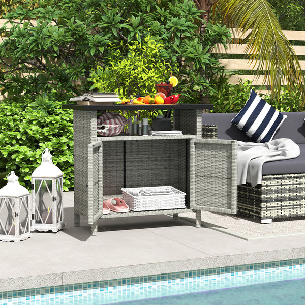 Outsunny Wicker Outdoor Storage Cabinet, Rattan Outdoor Bar Table with Two Doors and Shelf, Outdoor Buffet Cabinet Sideboard with Metal Slatted Countertop for Garden, Patio, Backyard, Gray