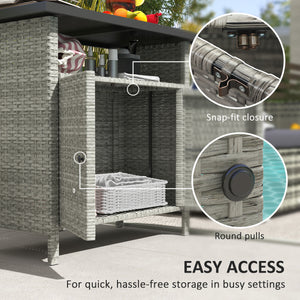 Outsunny Wicker Outdoor Storage Cabinet, Rattan Outdoor Bar Table with Two Doors and Shelf, Outdoor Buffet Cabinet Sideboard with Metal Slatted Countertop for Garden, Patio, Backyard, Gray