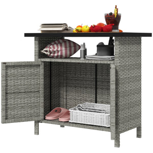 Outsunny Wicker Outdoor Storage Cabinet, Rattan Outdoor Bar Table with Two Doors and Shelf, Outdoor Buffet Cabinet Sideboard with Metal Slatted Countertop for Garden, Patio, Backyard, Gray