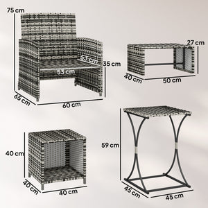 6 Piece Rattan Garden Furniture Set, Space-Saving Patio Furniture Conversation Set with 2 Nesting Tables, 2 Chairs, 2 Footstools, Wicker Outdoor Sofa with Cushions for Balcony Porch, Grey