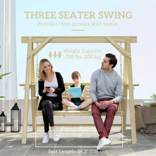 3 Seat Porch Swing with Stand, Wooden Patio Swing Chair with Side Tables and Metal Chains, Outdoor Swing Bench for Garden, Poolside, Backyard, Natural Wood
