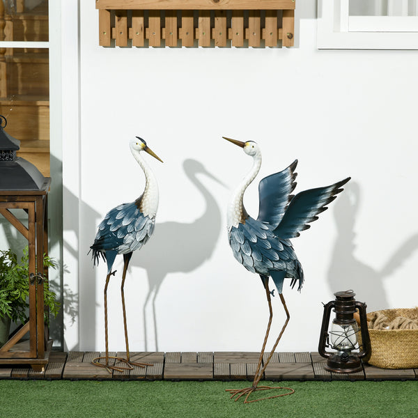 Outsunny Heron Garden Statues, 29" & 27.5" Standing Bird Sculptures, Metal Yard Art Decor for Lawn Patio Backyard Landscape Decoration, Set of 2