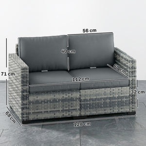 2 Seater Rattan Sofa, Outdoor Garden Sofa with Deep Seat, Cushions and Wide Armrests, All Weather Small Rattan Garden Furniture Loveseat for Patio, Balcony, Porch, Mixed Grey